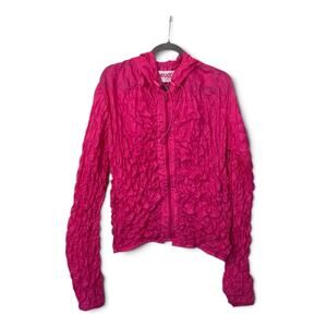 Fiorucci Hot Pink Textured Crinkle Hooded Zip Jacket Made in Italy Women's Small